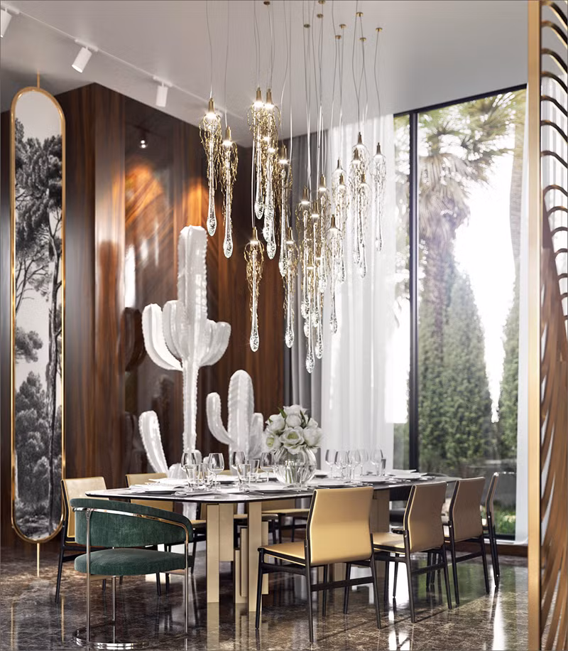  Phòng ăn độc đáo có thêm cây xương rồng bằng đá và chùm đèn có hình thạch nhũ bằng thủy tinh sẽ khiến cho ngôi nhà của bạn trở nên sang trọng hơn.