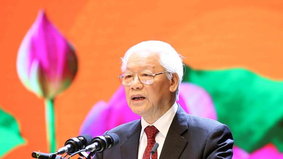 Tổng Bí thư, Chủ tịch nước Nguyễn Phú Trọng đọc diễn văn tại buổi lễ. (Ảnh: Phương Hoa/TTXVN) Tổng Bí thư, Chủ tịch nước Nguyễn Phú Trọng đọc diễn văn tại buổi lễ. (Ảnh: Phương Hoa/TTXVN)