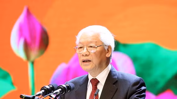 Tổng Bí thư, Chủ tịch nước Nguyễn Phú Trọng đọc diễn văn tại buổi lễ. (Ảnh: Phương Hoa/TTXVN)