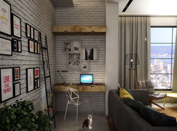  Góc bàn làm việc tách biệt với phòng khách nhờ cách trang trí màu tường khác biệt mà không cần sử dụng đến vách ngăn. 