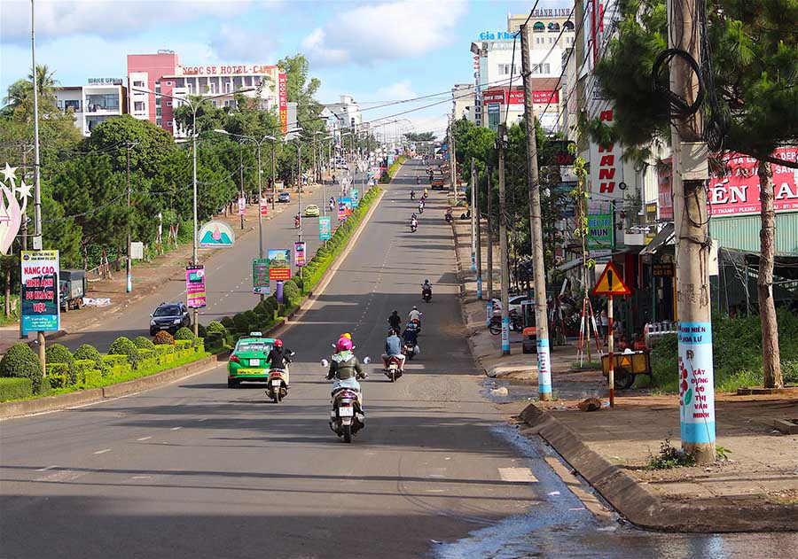 Các trụ điện được Đoàn phường Phù Đổng thực hiện sơn vẽ trên đường Nguyễn Tất Thành. Ảnh: M.T