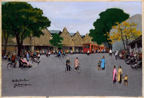 Chợ Đồng Xuân, bột màu trên giấy, 41cm x 60,5cm