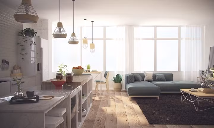 Phòng khách bố trí theo dạng mở để bố mẹ có thể quan sát con cái khi chúng chơi đùa.