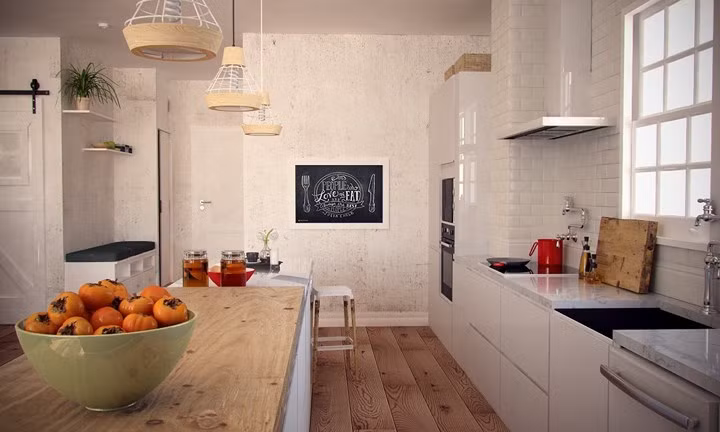 Trong khi phòng khách tập trung nhiều hơn vào các vật liệu hữu cơ, nhà bếp lại ưu tiên sử dụng đá cẩm thạch và gốm sứ để có bề ngoài đẹp mắt và sắc nét.