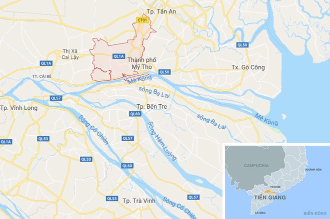 Huyện Châu Thành (khoanh đỏ), nơi cảnh sát bắt giữ nghi phạm đang trên đường đến TP.HCM kích động biểu tình. Ảnh: Google Maps. Huyện Châu Thành (khoanh đỏ), nơi cảnh sát bắt giữ nghi phạm đang trên đường đến TP.HCM kích động biểu tình. Ảnh: Google Maps.