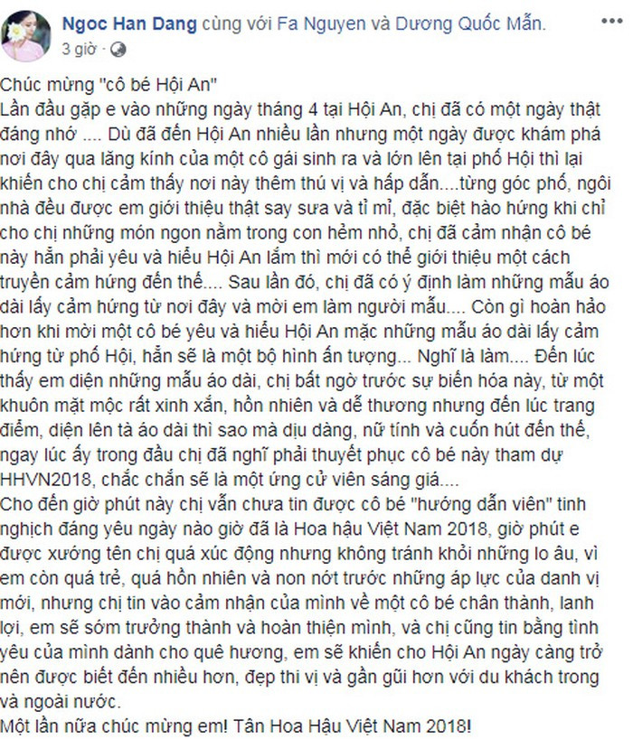  Ngọc Hân viết status dành những lời khen tặng ngọt ngào cho hoa hậu Trần Tiểu Vy