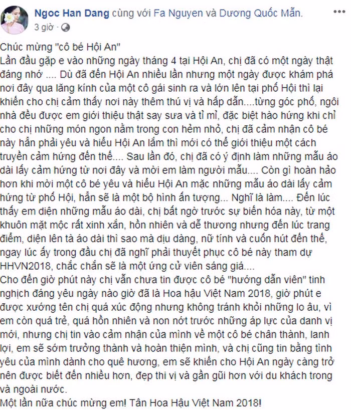  Ngọc Hân viết status dành những lời khen tặng ngọt ngào cho hoa hậu Trần Tiểu Vy