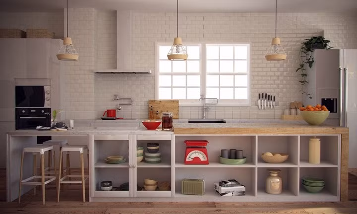 Cửa tủ bếp làm bằng kính đơn giản.