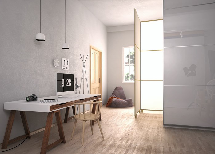  Bàn là trung tâm của một không gian khá đơn giản, phần chân hình tam giác cùng hệ thống ngăn lưu trữ khiến căn phòng không còn đơn điệu như lúc ban đầu.