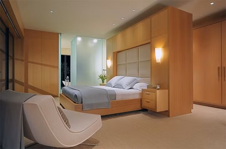  Phòng ngủ với nội thất có góc cạnh tăng thêm nét hiện đại.