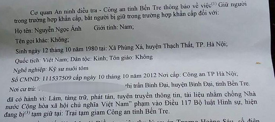 Quyết định tạm giữ đối với Nguyễn Ngọc Ánh