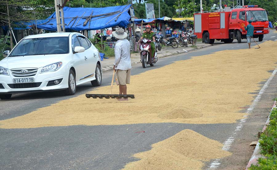 Phơi lúa trước cổng BVĐK khu vực Ayun Pa cản trở giao thông. Ảnh: Đức Phương	