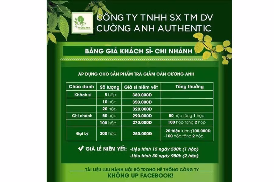 Bảng báo giá nội bộ cho thấy các kênh phân phối của Cường Anh lãi rất nhiều trên mỗi sản phẩm.