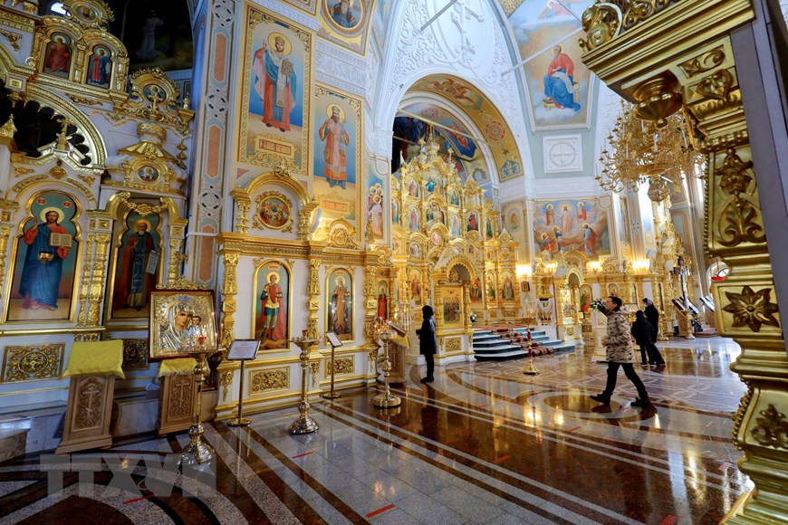 Nhà thờ Thánh Mikhail từng bị cháy, chiến tranh tàn phá nhiều lần, được xây dựng lại trong thời gian từ năm 2004-2007. (Ảnh: Trần Hiếu/TTXVN) Nhà thờ Thánh Mikhail từng bị cháy, chiến tranh tàn phá nhiều lần, được xây dựng lại trong thời gian từ năm 2004-2007. (Ảnh: Trần Hiếu/TTXVN)