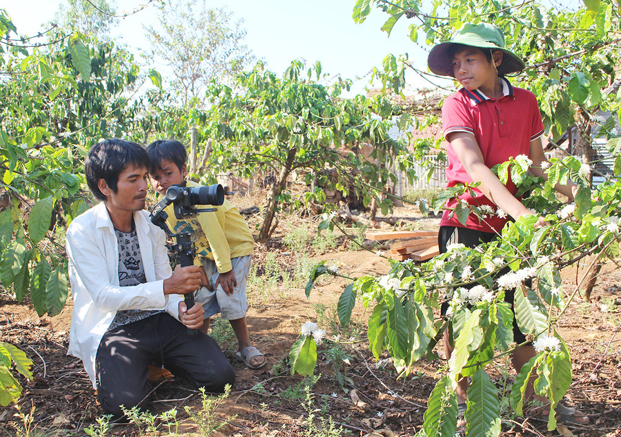 Anh Y Pyiu (bìa trái) đang quay video chăm sóc vườn cà phê của người dân. Ảnh: Thủy Bình 