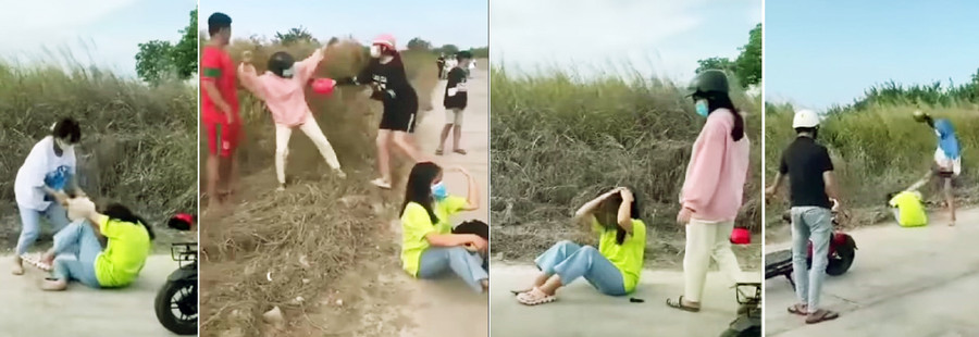 Hình ảnh bé gái bị đánh bị đá, đánh túi bụi bằng nón bảo hiểm. Ảnh cắt từ clip.