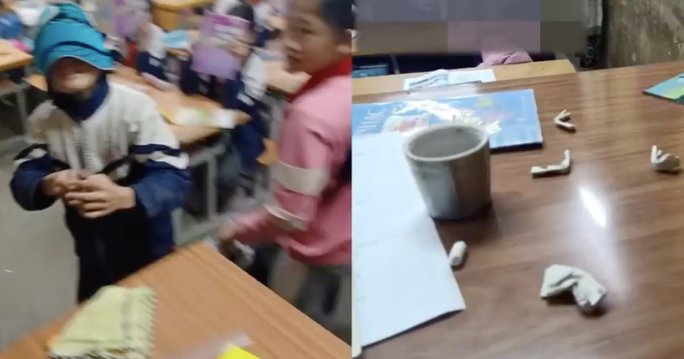 Hình ảnh học sinh trùm áo đồng phục cầm thước đánh cô giáo được nữ giáo viên quay lại