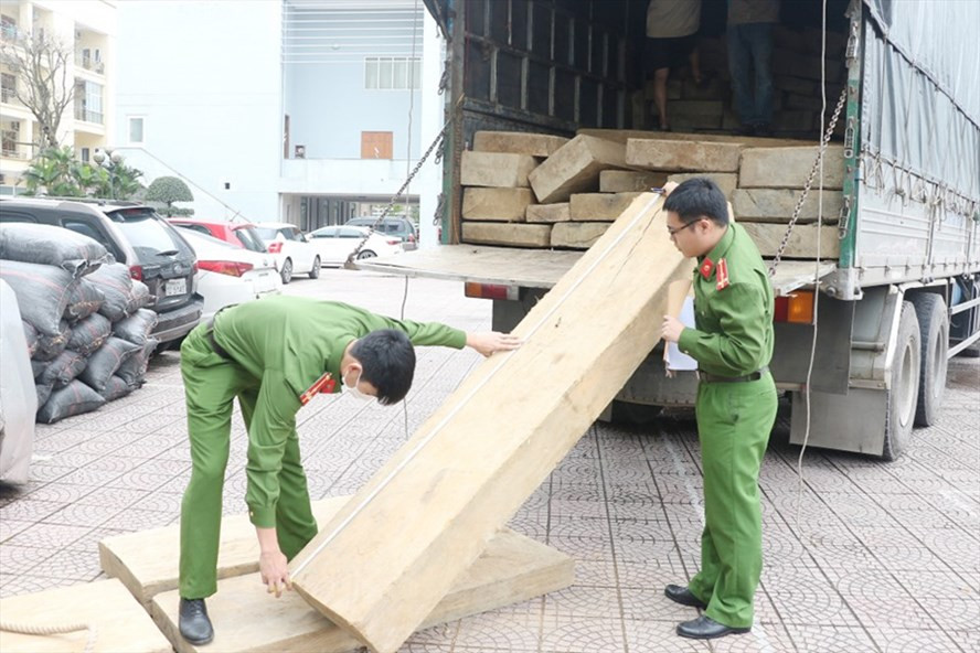 Lực lượng công an đo đạc số gỗ không rõ nguồn gốc đã bắt giữ. Ảnh: CA. Lực lượng công an đo đạc số gỗ không rõ nguồn gốc đã bắt giữ. Ảnh: CA.