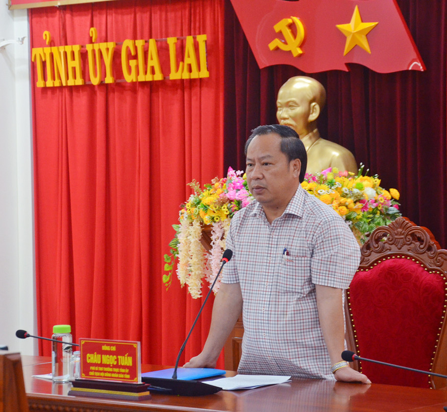 Phó Bí thư Thường trực Tỉnh ủy Châu Ngọc Tuấn phát biểu tại buổi làm việc của Thường trực Tỉnh ủy với Sở Văn hóa-Thể thao và Du lịch. Ảnh: Phương Linh