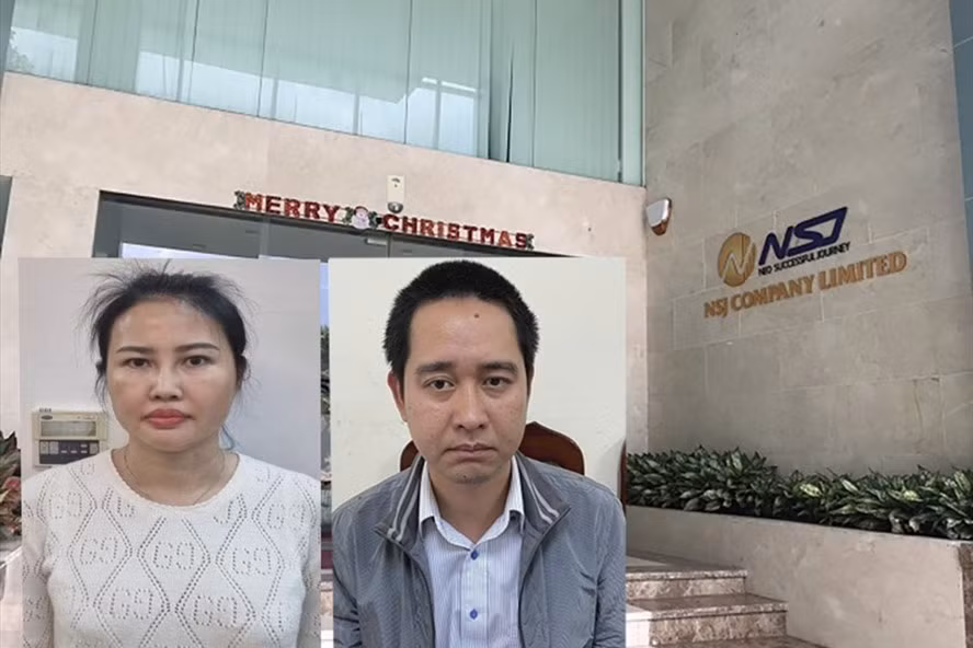  Trụ sở NSJ và nguyên Chủ tịch Hội đồng sáng lập NSJ Hoàng Thuý Nga (trái), nguyên Phó Tổng Giám đốc Công ty TNHH NSJ Lê Huy Bình - 2 bị can vừa bị khởi tố bắt tạm giam. Ảnh: BCA