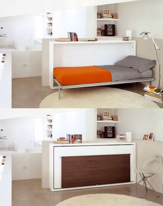 Một chiếc giường Murphy được tích hợp vào bàn làm việc là một ý tưởng tuyệt vời để giấu giường khi không cần thiết và đồng thời có một chiếc bàn thoải mái