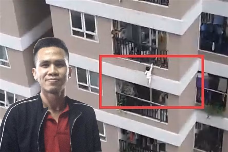 "Người anh hùng" Nguyễn Ngọc Mạnh và hình ảnh bé gái lơ lửng ở ban công tầng 12A trước khi rơi xuống. Ảnh IT