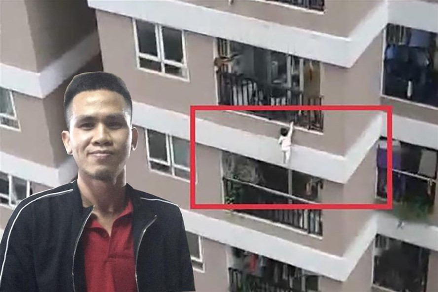"Người anh hùng" Nguyễn Ngọc Mạnh và hình ảnh bé gái lơ lửng ở ban công tầng 12A trước khi rơi xuống. Ảnh IT