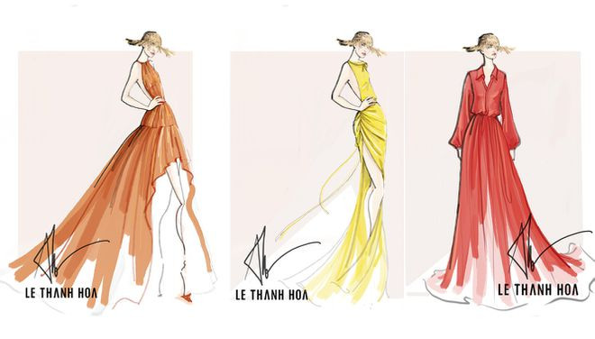 Bản phác thảo các mẫu trang phục trong bộ sưu tập lần này của nhà thiết kế Lê Thanh Hòa. ẢNH: NVCC