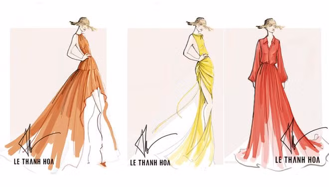 Bản phác thảo các mẫu trang phục trong bộ sưu tập lần này của nhà thiết kế Lê Thanh Hòa. ẢNH: NVCC