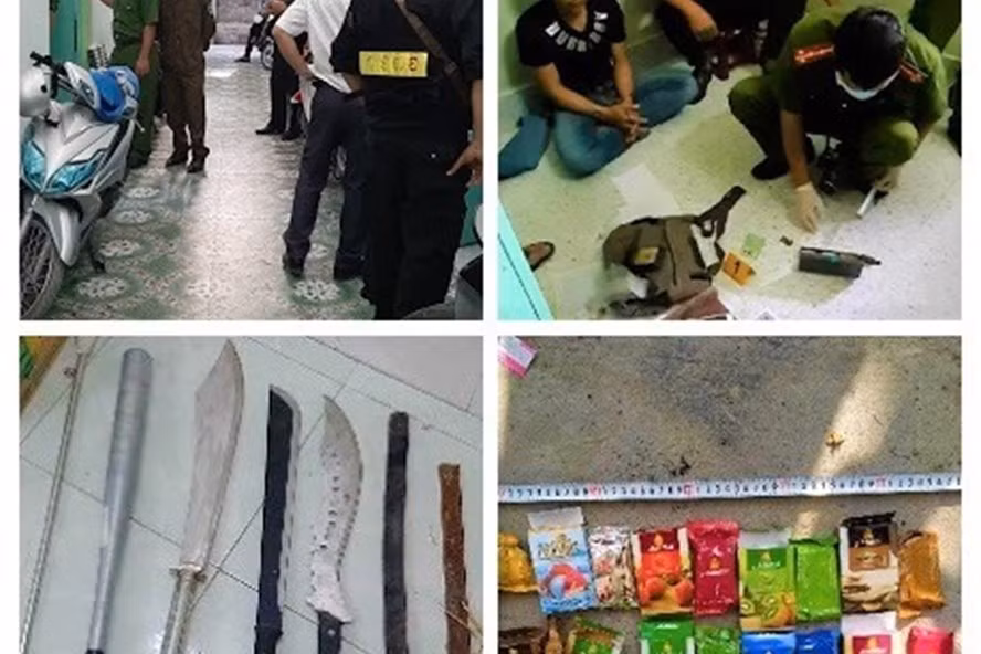 Công an tỉnh Tiền Giang bắt các đối tượng và thu nhiều tang vật liên quan đến vụ án Ảnh: LDO