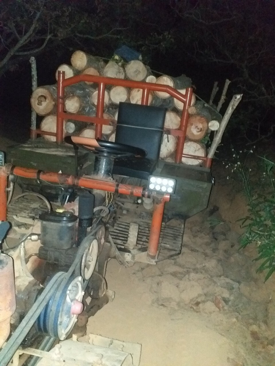 Thêm 1 xe máy cày khác chở nhiều khúc gỗ tròn vừa bị khai thác trái phép. Ảnh: Bảo Lâm