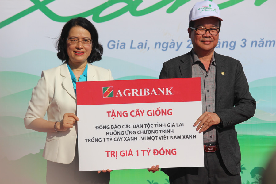 Bà Nguyễn Thị Phượng-Phó Tổng Giám đốc Agribank trao bảng tượng trưng tặng tỉnh Gia Lai 1 tỷ đồng để trồng cây phân tán trong năm 2021. Ảnh: Nguyễn Tú