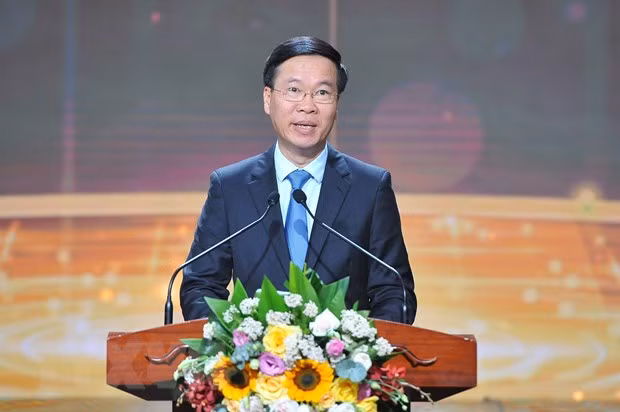 Ủy viên Bộ Chính trị, Thường trực Ban Bí thư Võ Văn Thưởng phát biểu tại buổi lễ. (Ảnh: Minh Đức/TTXVN)