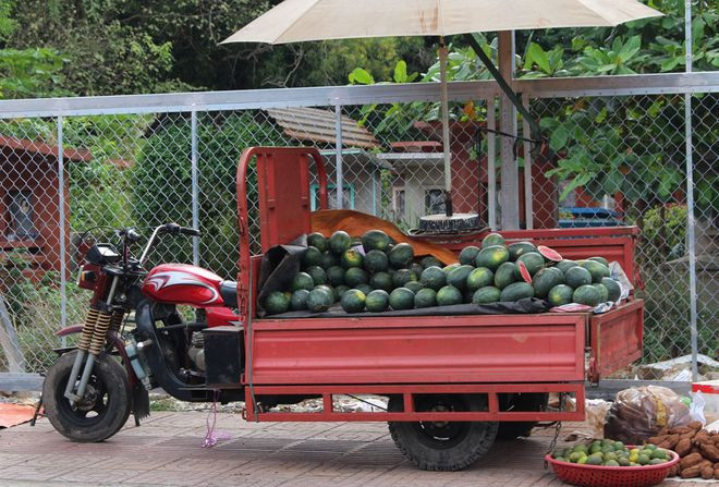 Một xe ba gác chở dưa để bán dạo