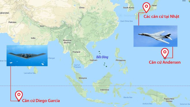 Lược đồ mạng lưới hỏa lực không quân của Mỹ ở khu vực - Đồ họa: PT Lược đồ mạng lưới hỏa lực không quân của Mỹ ở khu vực - Đồ họa: PT