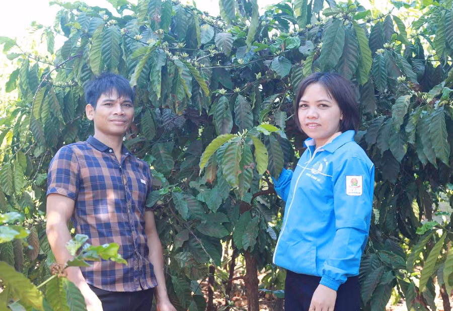 Chị Rah Lan Đinh-Bí thư Đoàn xã Ia Pal (huyện Chư Sê) kiểm tra mô hình phát triển kinh tế của thanh niên. Ảnh: Phan Lài