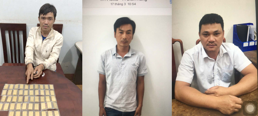 Ảnh: 1. Các đối tượng Hoàng Duy Lâm, Hoàng Đình Dũng, Nguyễn Văn Phong (từ trái sang) bị tạm giam cùng số vàng thu giữ được. Ảnh: Thúy Trinh