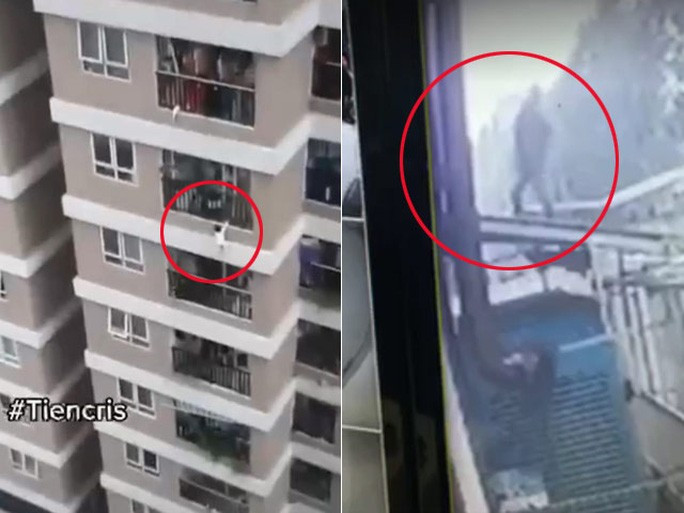  Hình ảnh bé gái lơ lửng trên tầng cao trước khi rơi xuống dưới và anh Nguyễn Ngọc Mạnh trên mái hiên chờ đỡ cháu bé - Ảnh: Facebook