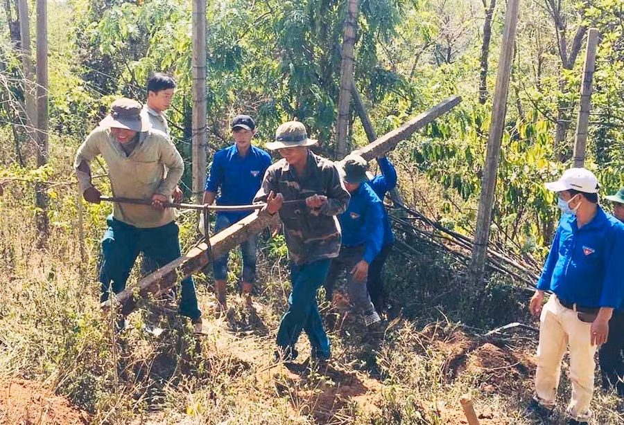 Đoàn viên thanh niên TP. Pleiku xây dựng công trình Nhà sàn truyền thống tại khu di tích lịch sử khu 9 (xã Gào). Ảnh: Thủy Bình