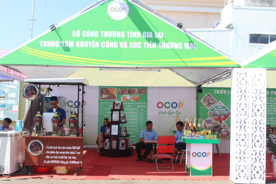 Các gian hàng trung bày, giới thiệu sản phẩm OCOP của tỉnh Gia Lai tại lễ hội. Ảnh Thi Giang