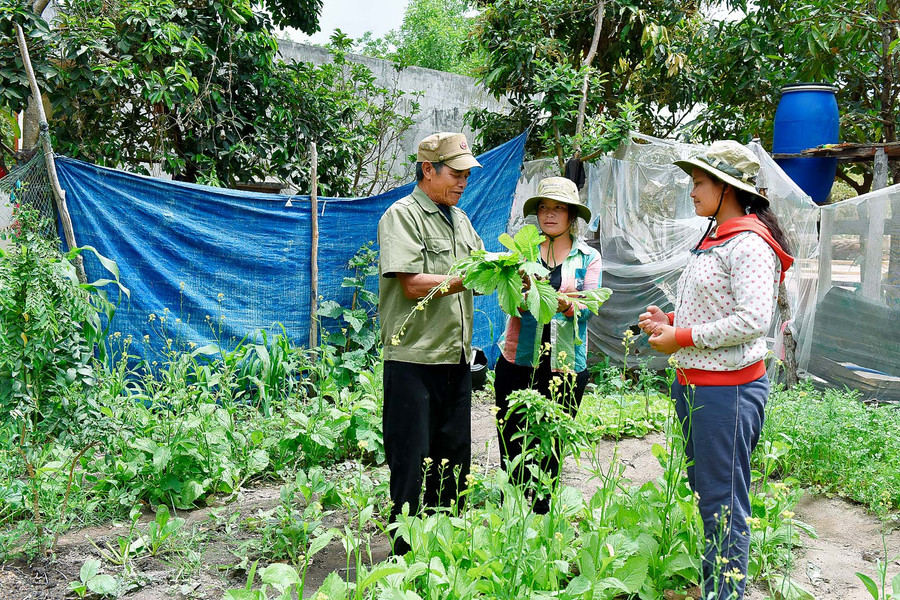 Già làng Đinh Hôk vận động bà con thay đổi đổi nết nghĩ cách làm nâng cao thu nhập.