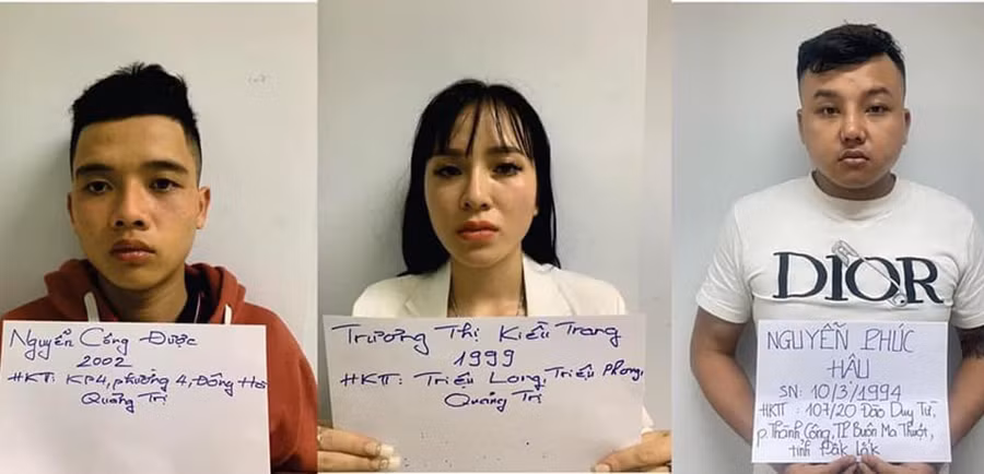 Các đối tượng trong vụ án: Trương Thị Kiều Trang (23 tuổi); Nguyễn Công Được (19 tuổi) và Nguyễn Phúc Hậu (27 tuổi). Ảnh: CA TPHCM