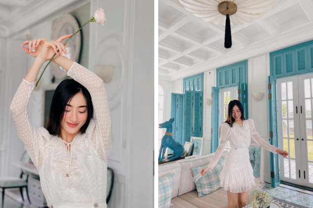 Hoa hậu Lương Thùy Linh diện váy trắng tinh khôi nữ tính. 