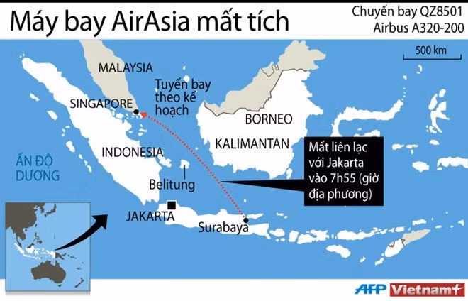 Vị trí mà máy bay của AirAsia mất liên lạc.