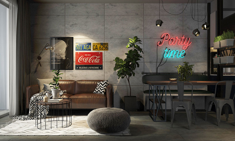  Phòng khách liền kề bàn ăn cùng những tấm bảng hiệu cách điệu, dùng để trang trí.