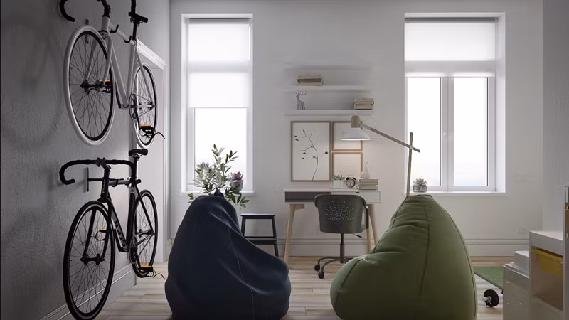 Ngoài cửa sổ, đèn sàn tăng thêm ánh sáng cho căn phòng. Ngoài cửa sổ, đèn sàn tăng thêm ánh sáng cho căn phòng.