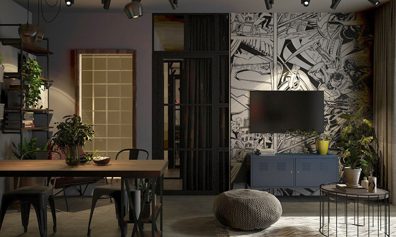 Sau chiếc tivi là giấy dán tường hình các nhân vật trong truyện.