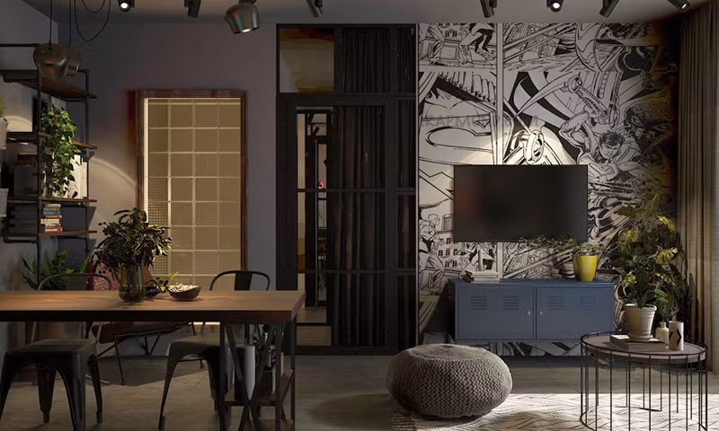 Sau chiếc tivi là giấy dán tường hình các nhân vật trong truyện.