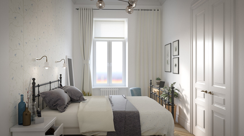  Phòng ngủ màu trắng không lớn, nhưng sự đơn giản của thiết kế đủ để thư giãn.