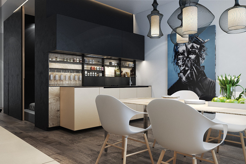 Bếp nấu đặt cạnh bàn ăn, được sắp xếp gọn gàng. Bếp nấu đặt cạnh bàn ăn, được sắp xếp gọn gàng.